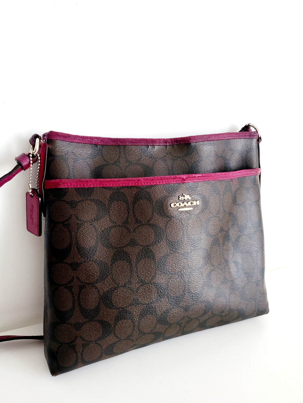 COACH Brown Signature Crossbody with Berry Trim